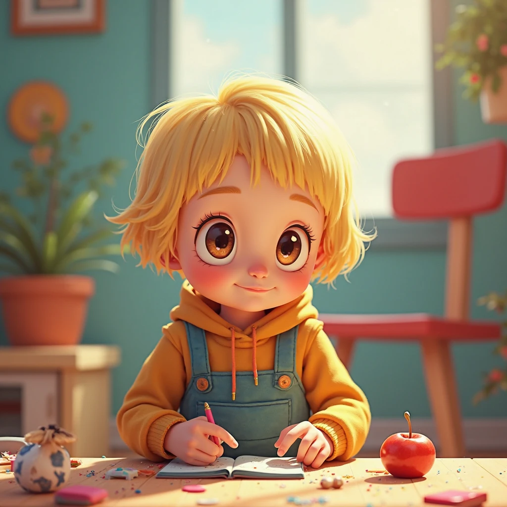 

"Create an image of a young child sitting at a computer desk. The child has large, bright blue eyes, and silver or white messy hair. They are wearing a normal yellow hoodie with cute and large  The background is a cozy, well-with a window showing a cityscape under a clear blue sky. There are toys and decorations on shelves in the room, adding a playful and  atmosphere. The lighting is warm, reflecting a peaceful and creative environment."
