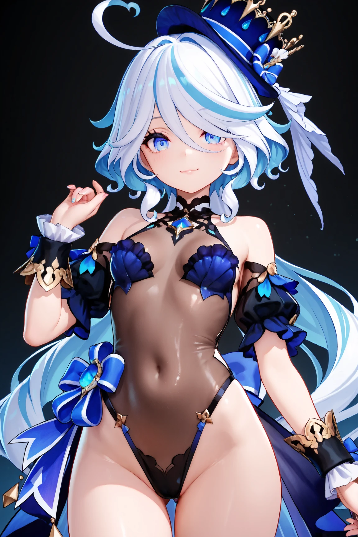 Furina, Furina, blue eyes, Blue Hair, Cowlick, Ahoge, Hair above one eye, light Blue Hair, short hair, Have, Thigh straps, top Have, Swimwear, side,, whole body, Slender, With arms outstretched, smile, break looking at viewer, break indoors, break (masterpiece:1.2), Highest quality, High resolution, unity 8k wallpaper, (figure:0.8), (Detailed and beautiful eyes:1.6), Highly detailed face, Perfect lighting, Extremely detailed CG, (Perfect hands, Perfect Anatomy), Show off the inside of the mouth, Mucus