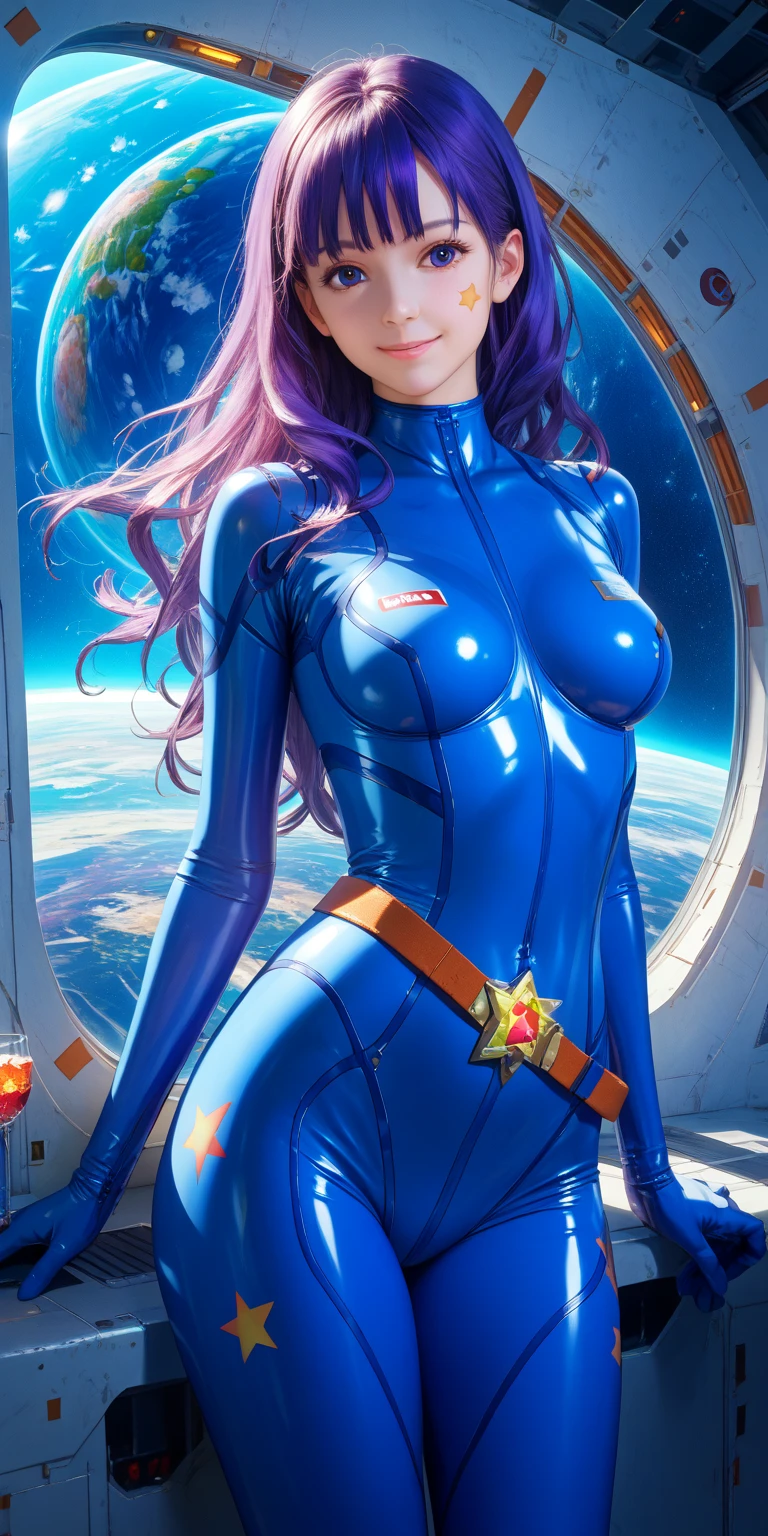 ((masterpiece,cg,best quality,highres)), good anatomy,extremely delicate and beautiful,(semi-realistic:1.5),detailed eyes,perfect face,beautiful face,1girl,solo,louka,blue pilot suit, long hair, purple hair, latex suit, white belt,star mark, light smile, facing viewer,,standing beside window, sexy, alluring, cowboy shot, curvy hips, inside spacecraft,galaxy,planet,glass,