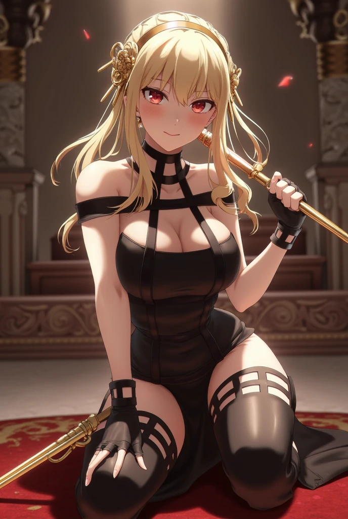 adult woman, beautiful, mysterious looking, black dress, long sandy blonde hair, magenta eyes, smoking pipe, kiseru, holding kiseru or long smoking pipe, falling red petals, petals, best quality, masterpiece, highres