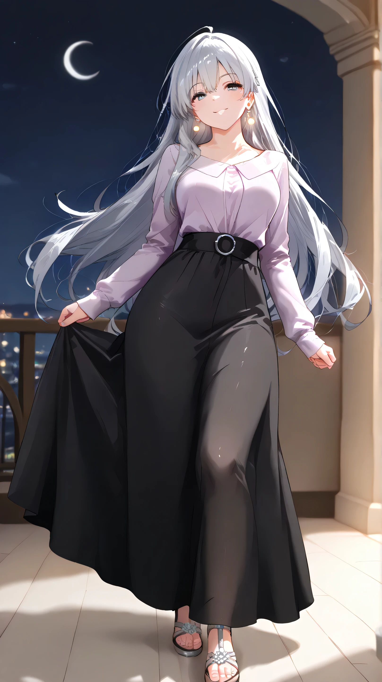 (masterpiece), (best quality), (anime style), (ultra-detailed illustration),
a beautiful young woman in her 20s, facing forward,
super long silver hair, soft and flowing, right ear covered by hair,
hair delicately reflecting gentle sunlight,
gentle eyes with a gradient from white (bottom) to light purple (top),
eyes softly glowing, filled with quiet warmth, gentle and warm smile,
wearing a full-length black mermaid dress that covers neck to wrists, sheer at the chest,
black high-heeled sandals,
silver crescent moon earrings,
soft lighting casting elegant shadows and highlights on the dress,
animation style, soft pastel color palette