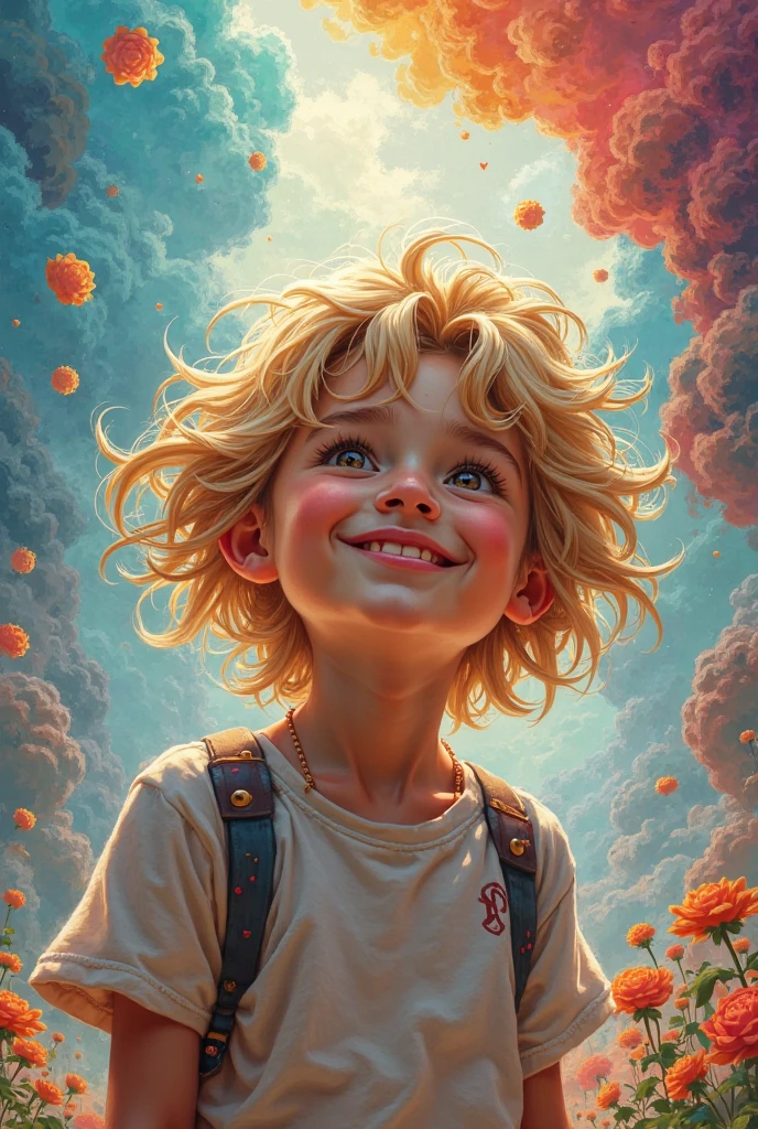 A smiling little boy looking up at the sky, his cupped hands over his eyes, as if imagining flying. --auto --s2