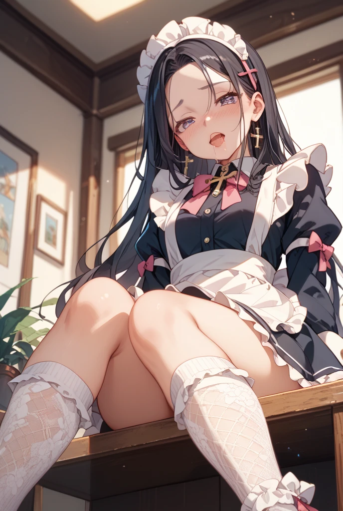 best quality, expressive eyes, perfect face,full body,very long hair,shining eyes,maid clothes lift,flower ornaments,smug smile,kindergarten body, kindergarten, cafe,cat ears ,cute,kawaii, heart spawn,panty pull,bell,sitting,from under view,smug,pussy
