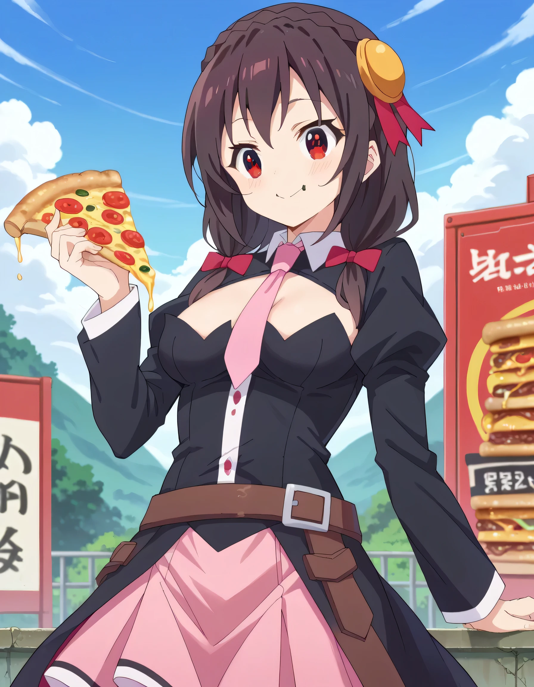 Brown-haired girl wearing a cape eating pizza at a pizza parlor Wearing sneakers High leg shorts with suspenders Large Breasts Showing her belly button Ultra low rise
