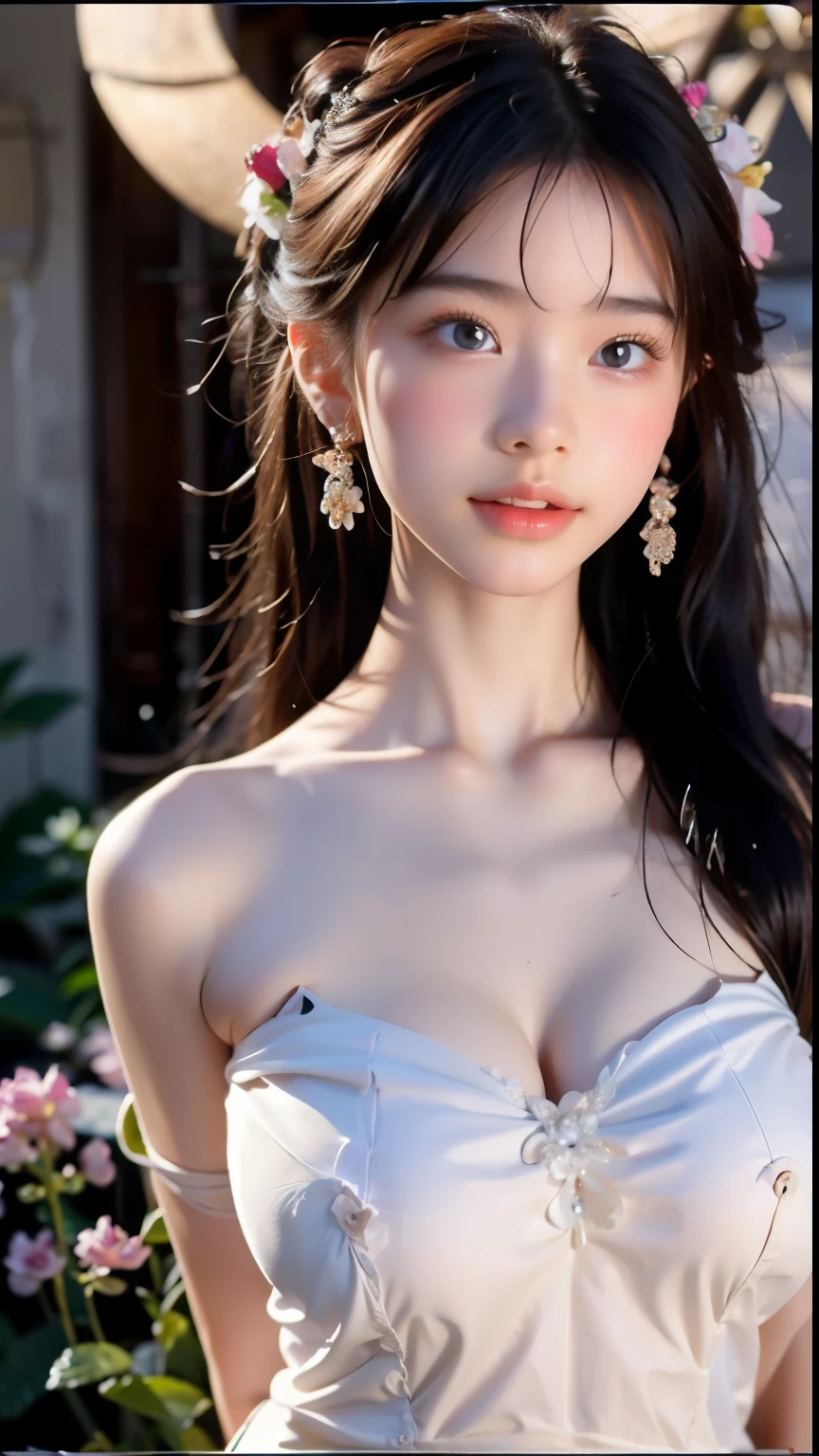1 girl, national foundation, (hotel background), ((8k, raw, masterpiece: 1.5)), (Professional photography, sharp:1.2), Perfect dynamic composition, (Natural sun light), (soft shadow), (Perfect body:1.4), (((skinny figure))), ((huge round breasts:1.3)), (((((medium long hair,bangs))))), Ultra-detailed faces and skin, perfect asian, White skin, (Delicate skin:1.4), (latex skin:0.4), (perfect glowing skin:0.6), light brown eyes, beautiful eyes, round eyes, pretty face, blush, glossy lips, plump lips, glossy eyes, Really moist skin, Refined expression, looking at camera, Elegant necklace, Elegant earrings, minimalist, (red floral gown),