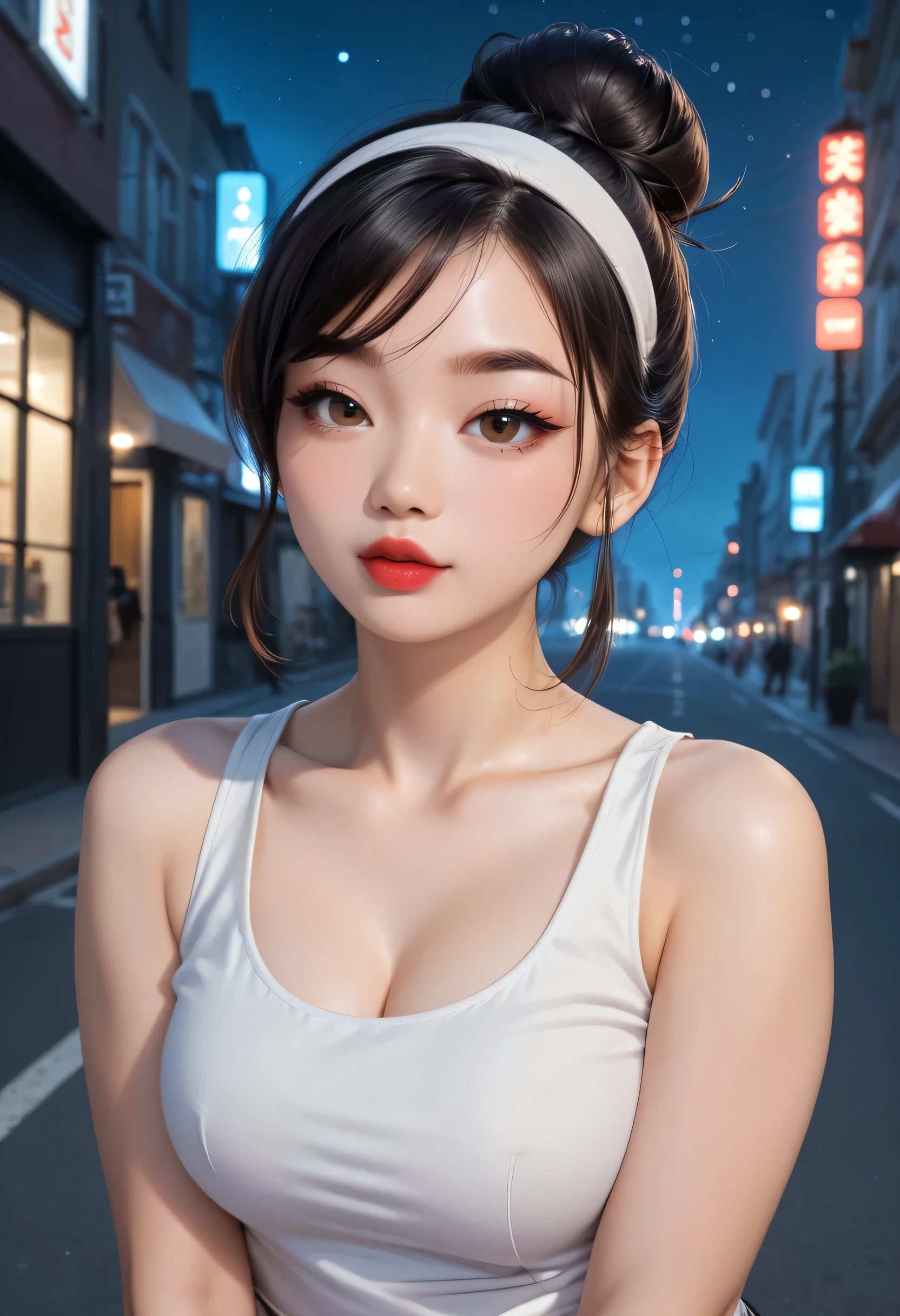 night sky, city street, perfect face, (black hair, top knot hair bun), (white headband), black eyebrows, thick eyebrows, black eyelashes, black eyeliners, light brown eyes, bright red lips, thick lips, beautiful woman, white tank top, (female asian, asian face)