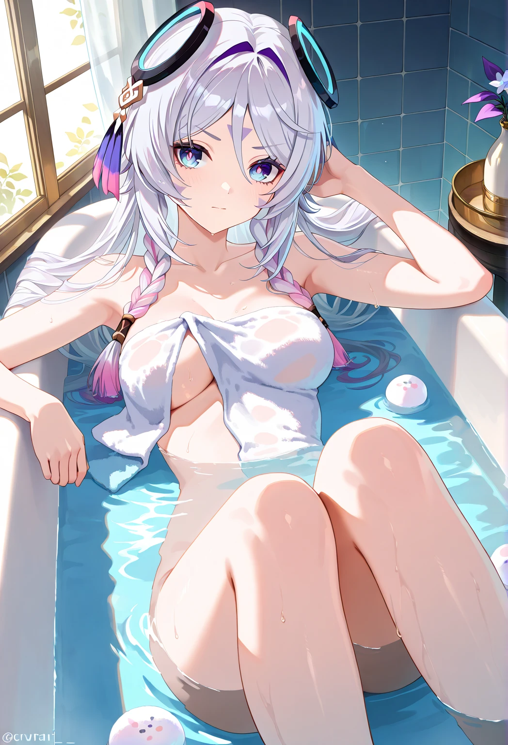 Thicc anime girl in a bathtub, cute, sexyrobutts, splash art anime , thicc, by Shitao, bubble bath, , top rated on pixiv, pixiv, 2b, best anime 4k konachan wallpaper, , guweiz on pixiv artstation, dog tail, cat ears, long weavy hair, top view, laying on stomach, looking at viewer, (ass up), sexy pose