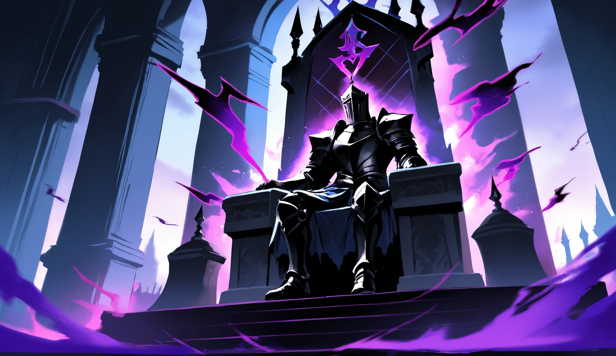 a black knight with menacing aura the theme is dark fantasy and color palette is dark , the knight is sitting on a majestic castle throne and is making some kind of pose