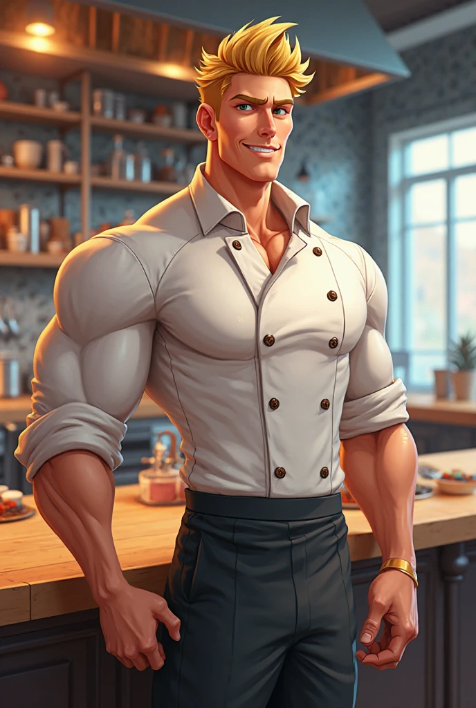 Robust man, muscular body, short wavy red hair, masculine face, red mustache, rustic appearance, green eyes, sensual smile, huge hairy chest, huge biceps, hairy body, freckles on his face, oily and shiny skin. He is standing in the living room with a glass of wine in his left hand, with a bare back and short white and transparent shorts and with a huge bulge in his groin.