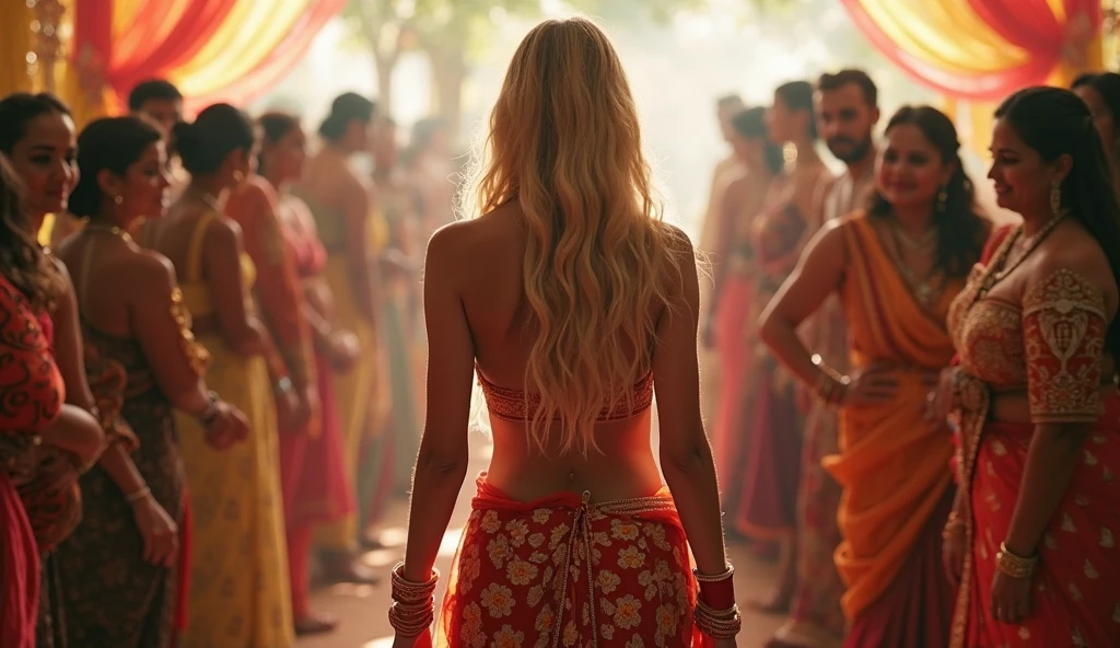 in a costumes-shop, a topless breasts out slim 18 y/o blond is measuring belly dancer outfit, given to her, while she is topless and embaraced by that but stands in a dance posture. around her - 20 men are sitting, holding different costume parts, ready to give her for try on.