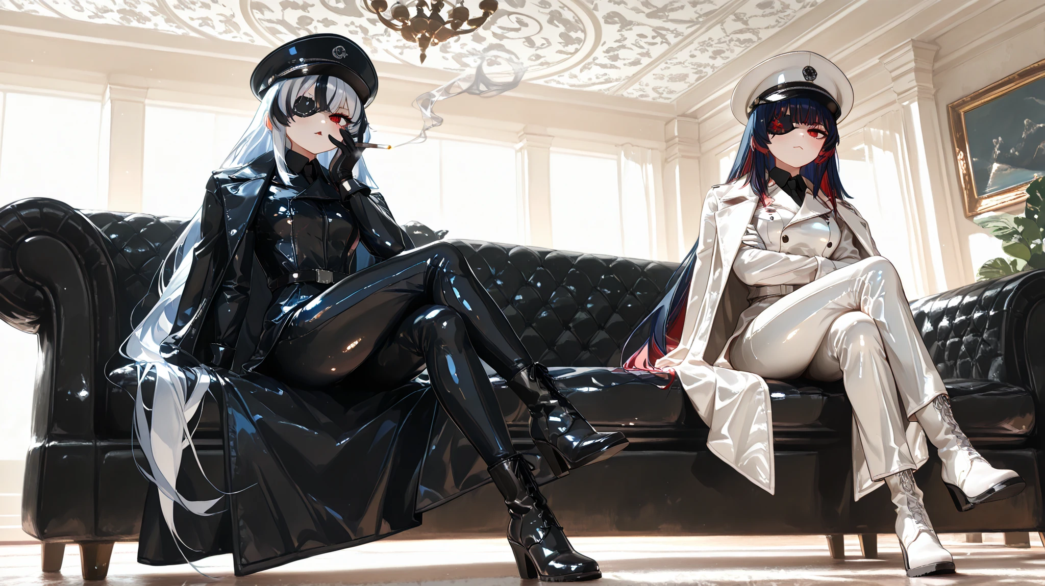 (EyesHD:1.2), (4k,8k,Ultra HD), masterpiece, best quality, ultra-detailed, very aesthetic, sharp focus, ray tracing, best lighting, detailed illustration, detailed background, cinematic, beautiful face, beautiful eyes, full body shot, ambient occlusion, raytracing, soft lighting, blum effect, masterpiece, absolutely eye-catching
AND
2girls, duo, masterpiece, amazing quality, best quality, ultra-detailed, 8K, illustrating, CG, bioluminescent skin, ultra-detailed-eyes, detailed background, lowlight, low-angle
AND
2girls, duo
(first girl : sexy face, sharp eyes, multicolored hair, black and white hair, rough very long hair, white leather military uniform, white leather suit pants, white leather coat on shoulders, white leather gloves, white leather long heelboots, white military hat, pose while smoking, black sofa sitting with legs crossed, patterned black and white eye patch)
BREAK
(second girl : sexy face, sharp eyes, multicolored hair, blue and red hair, rough very long hair, black leather military uniform, black leather suit pants, black leather coat on shoulders, black leather gloves, black leather long heelboots, black military hat, pose while smoking, black sofa sitting with legs crossed, patterned black and white eye patch)