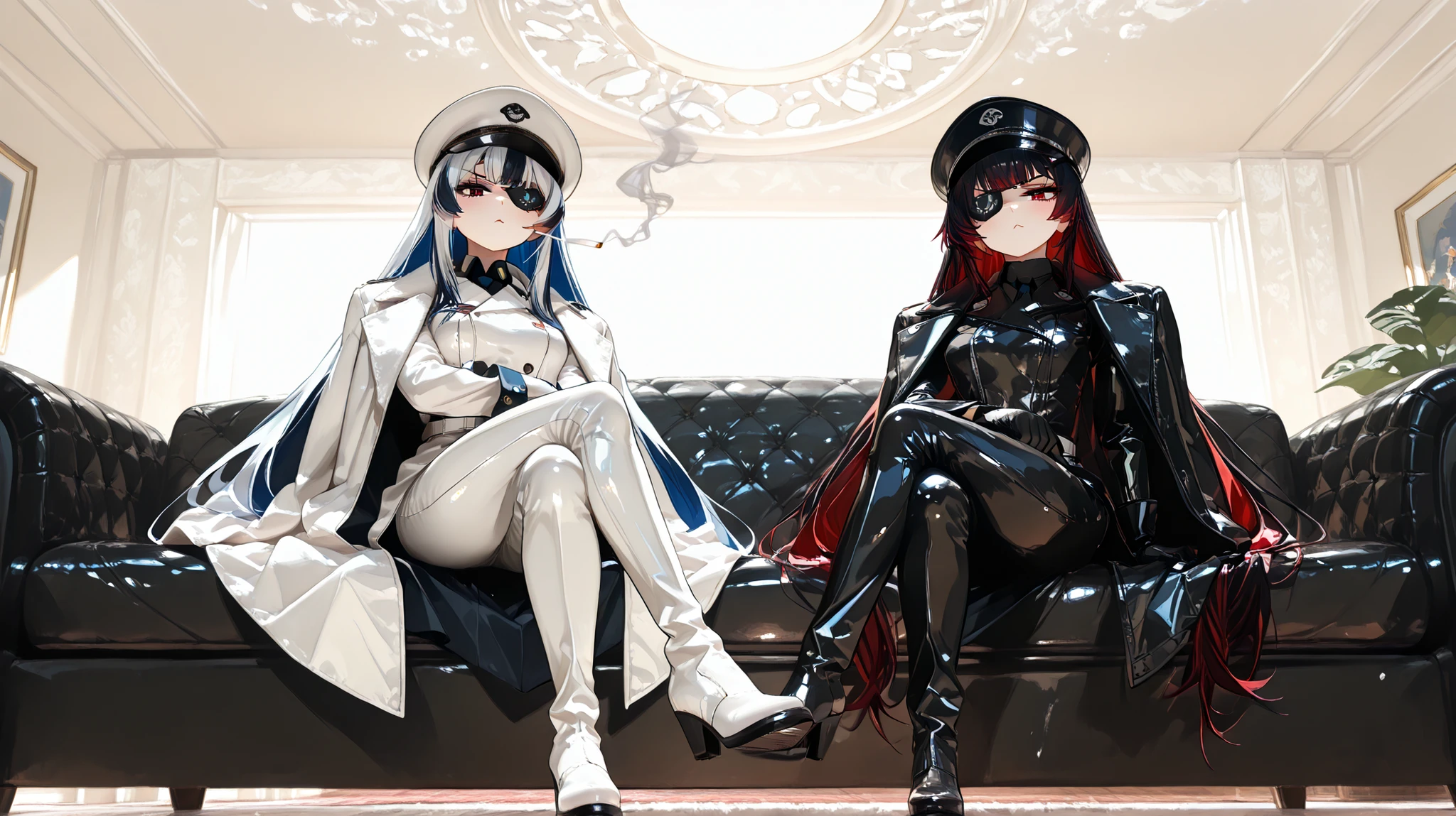 (EyesHD:1.2), (4k,8k,Ultra HD), masterpiece, best quality, ultra-detailed, very aesthetic, sharp focus, ray tracing, best lighting, detailed illustration, detailed background, cinematic, beautiful face, beautiful eyes, full body shot, ambient occlusion, raytracing, soft lighting, blum effect, masterpiece, absolutely eye-catching
AND
2girls, duo, masterpiece, amazing quality, best quality, ultra-detailed, 8K, illustrating, CG, bioluminescent skin, ultra-detailed-eyes, detailed background, lowlight, low-angle
AND
2girls, duo
(first girl : sexy face, sharp eyes, multicolored hair, black and white hair, rough very long hair, white leather military uniform, white leather suit pants, white leather coat on shoulders, white leather gloves, white leather long heelboots, white military hat, pose while smoking, black sofa sitting with legs crossed, patterned black and white eye patch)
BREAK
(second girl : sexy face, sharp eyes, multicolored hair, blue and red hair, rough very long hair, black leather military uniform, black leather suit pants, black leather coat on shoulders, black leather gloves, black leather long heelboots, black military hat, pose while smoking, black sofa sitting with legs crossed, patterned black and white eye patch)