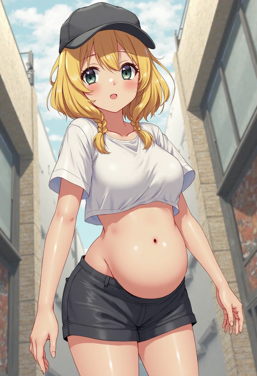 (Very high quality, detailed) An image of a full body pregnant girl with a round belly, long hair, very big breasts and a huge ass. She's standing barefoot with her hands on her belly. She's wearing a crop top, very thight shorts and glasses.