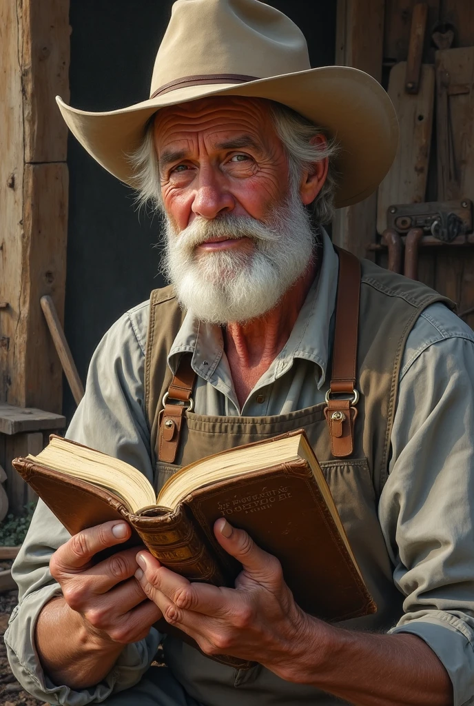 1guy, 80 years old, American, white shirt, medium healthy flowing hair, Short beard, medium hair, healthy, happy, smiling, holding a giant golden quran covered in dirt, backyard, realistic, midjourney, hyperrealistic, birds eye POV