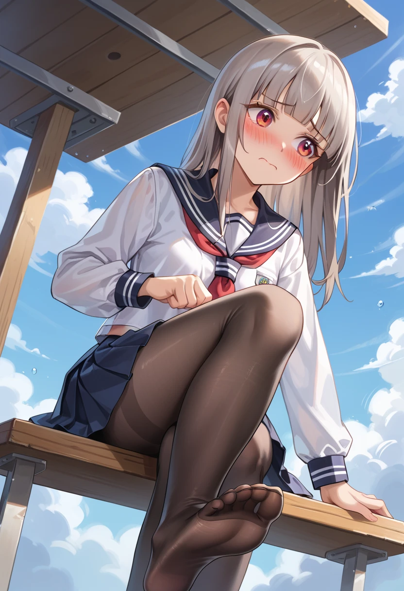 ((masterpiece, best quality)),a girl, solo, skirt, sky, sitting, pantyhose, serafuku, cloud,outdoors, neckerchief ,day, bangs, fence, shirt, ahoge, rooftop, long hair, white pantyhose,white hair, white , white sailor collar,red eyes, sailor collar, white skirt, red neckerchief, white serafuku, animal ears, blue sky,white shirt, looking at viewer, closed mouth,cat ears, chain-link fence, white skirt, cloudy sky, trash can, pleated,no shoes