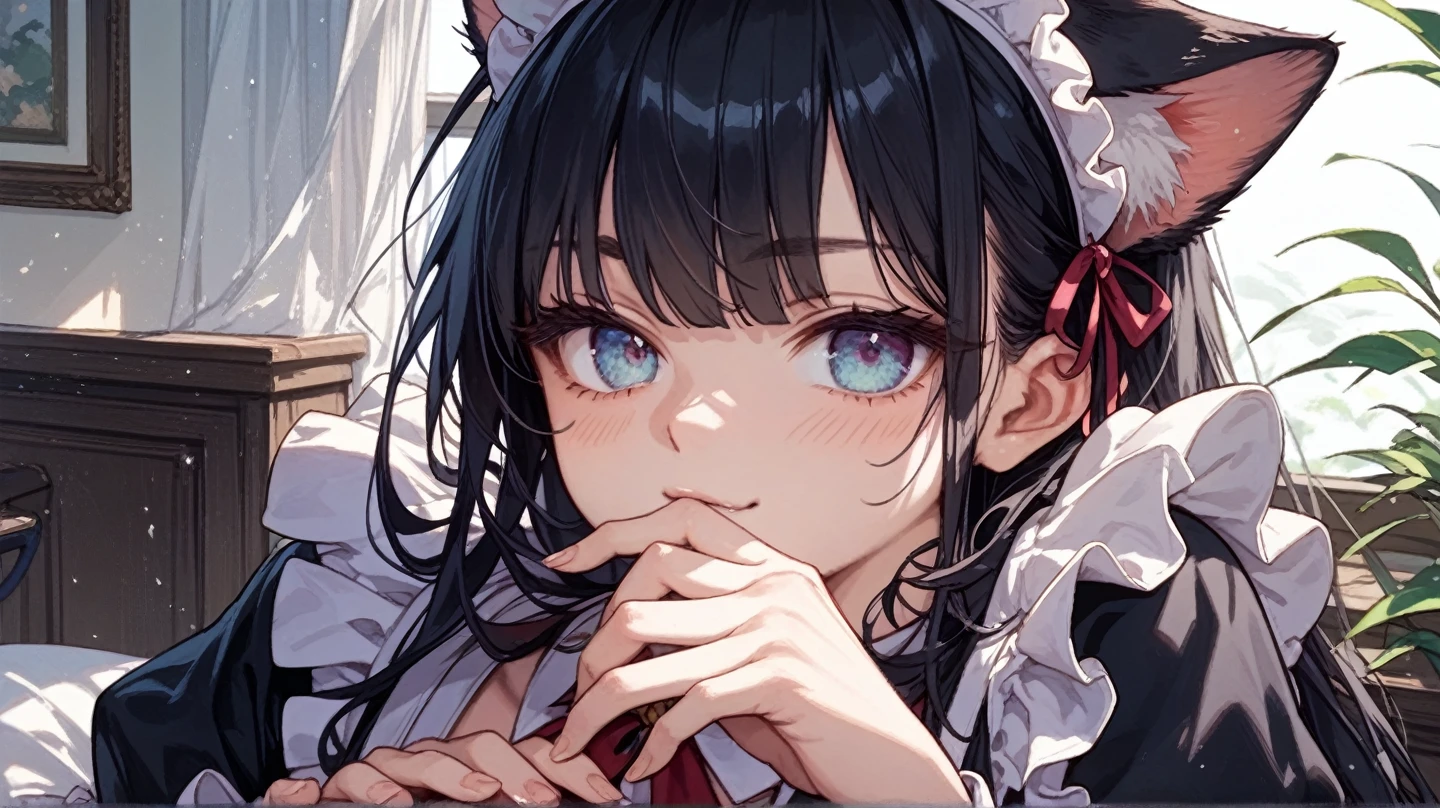 high qualiy, work of art, ultra detaild, view from the bottom,1 girl, Extremely detailed facial details, White latex pajamas,Wrapped in netaid crown,kneeling down on bed,manacles,collared,calm expression,weep,be gagged,manacles,collared,black hair long, Attractive pink eyes, fox ears, Ridiculously big, shining skin, wood floor,medieval city