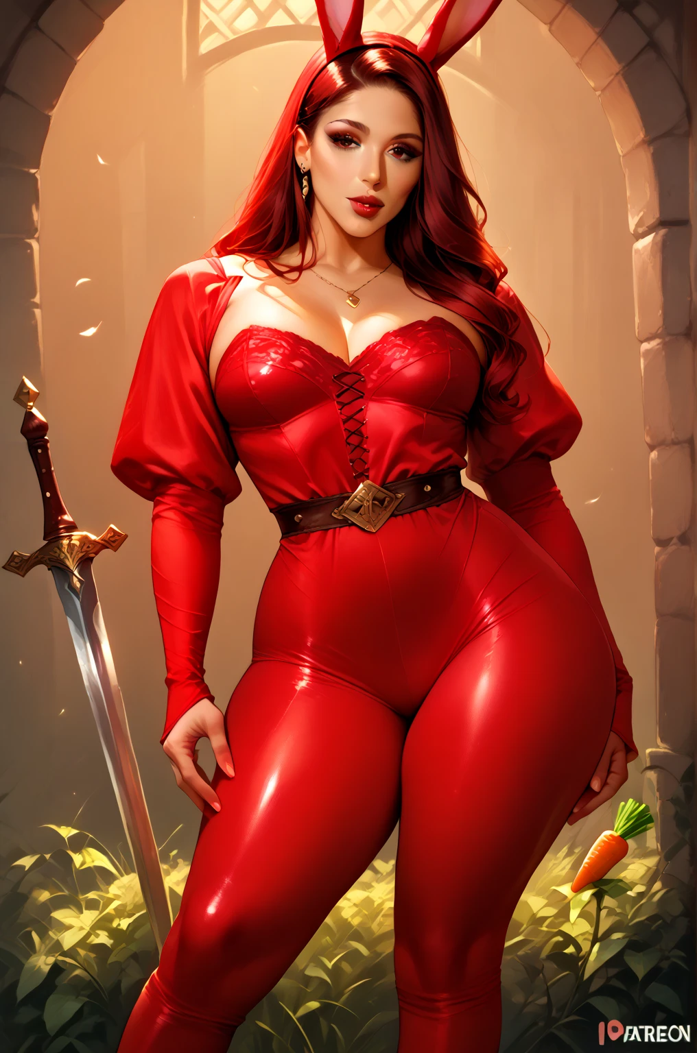 red leather corset and red cloak, in front of a majestic tree, vibrant colors. wavy red hair, cleavage, detailed face with bright red lipstick, green eyes, leather pants, molly ringwald