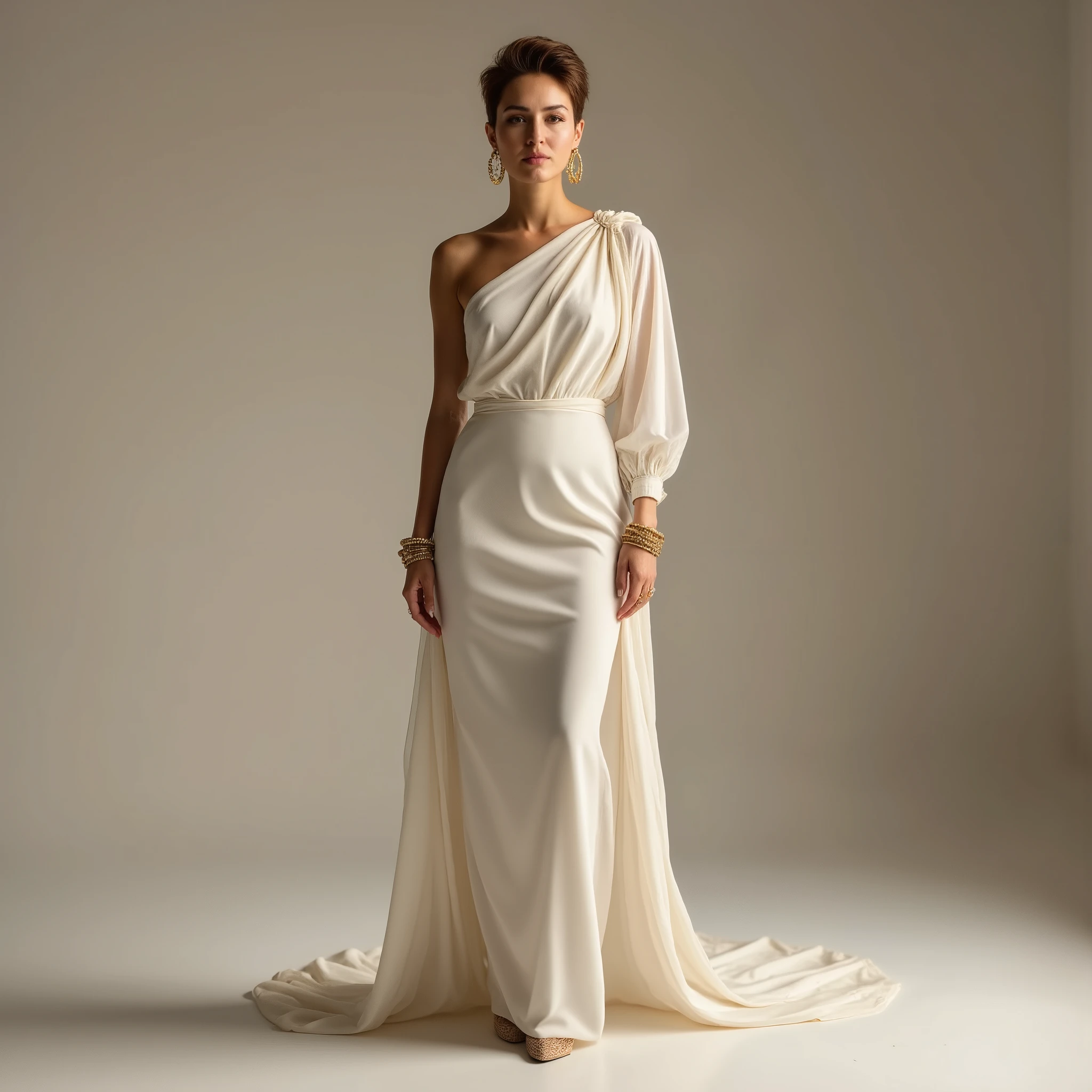 Full-body portrait of a graceful woman standing confidently in a studio with a soft neutral backdrop. She has a sophisticated aura, wearing a sleek, ivory one-shoulder evening gown with sculptural tailoring and modern draping. The dress features a single long sleeve that flows down to the floor, a high neckline, and an asymmetric cut with a subtle diagonal texture. The fabric is delicately sheer yet refined, enhancing the dress’s statuesque quality. Her hair is styled in a short, chic pixie cut, brushed with gentle volume. She wears minimal yet luxurious gold jewelry: hoop earrings, a cocktail ring, and bold bangles. Her makeup is polished and subtle, focusing on a flawless base, softly defined eyes, and a muted lip. Her expression is poised and self-assured, with her gaze directed slightly off-camera. Her pose is upright and elegant—one hand resting on her hip, the other dropping the long sleeve fabric effortlessly. Lighting is soft and diffuse, casting minimal shadows and highlighting the contours of her form and the fluid lines of her gown. Her shoes are refined pointed heels, peeking beneath the hem. The mood is haute couture sophistication with modern minimalism. fashion photography, editorial lighting, elegant silhouette, soft tones, minimal background, cinematic studio ambiance, high-fashion campaign, dramatic draping
