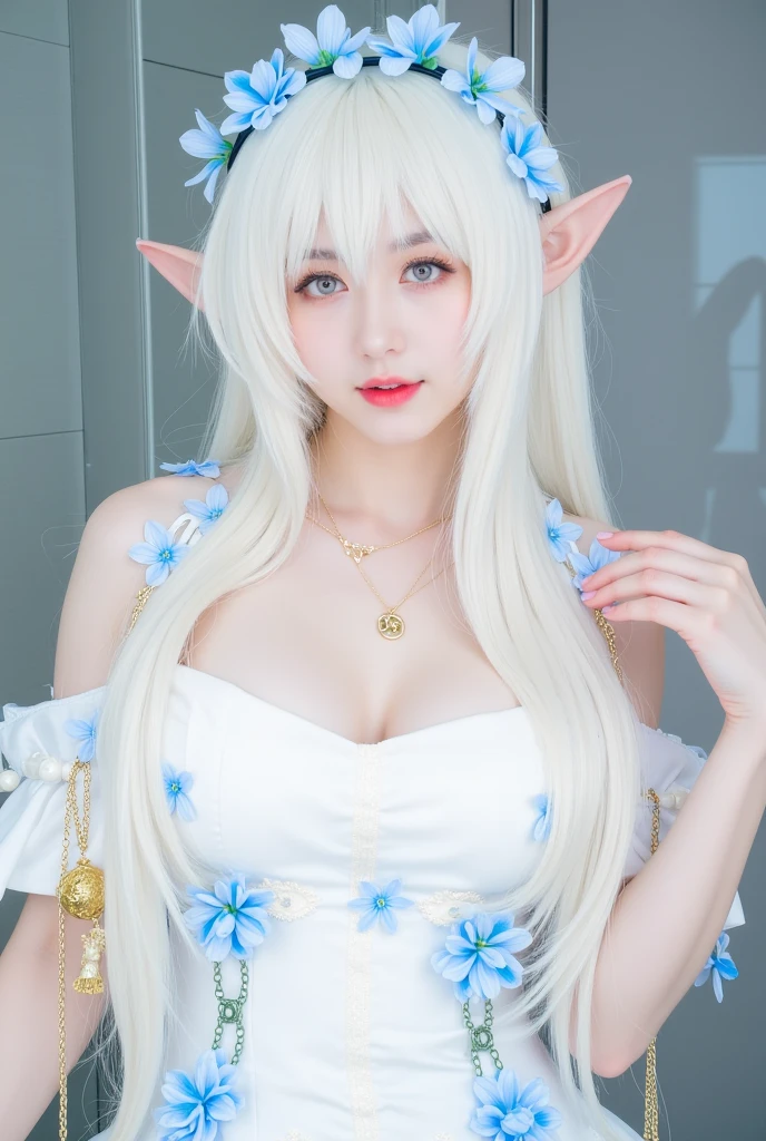 Elf、Blue Hair、with huge breasts、Facial、semen、maid、in the forest