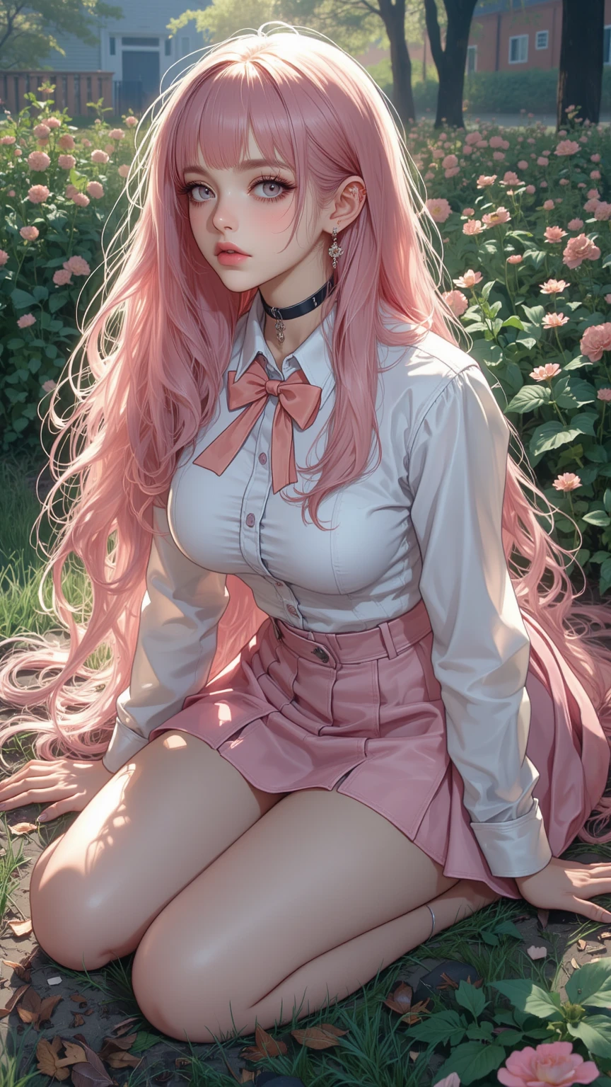 masterpiece, top quality, best quality, (sexual), 1girl, (upper body), (standing), Mitsuri, (gradient hair color), (long hair), seductive expression, sultry face, (love goddess), green eyes, (erotic),, cleavage, (demon slayer uniform), white jacket, (mini skirt), black skirt, (forest), (dark forest), (rain), (ominous),