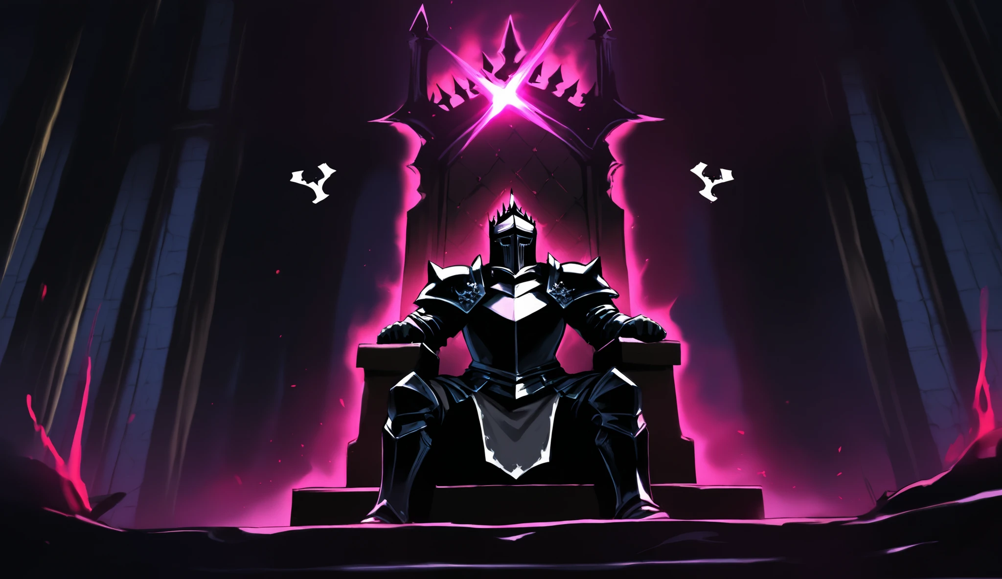 a black knight with menacing aura the theme is dark fantasy and color palette is dark , the knight is sitting on a majestic castle throne and is making some kind of pose