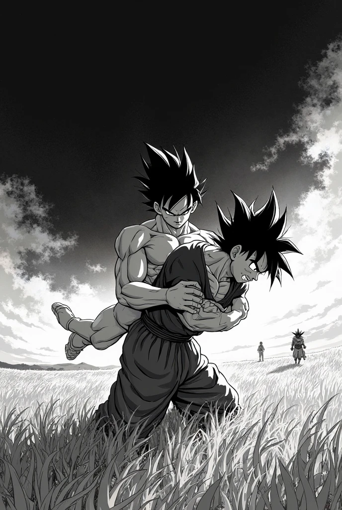 a drawing of a young Gohan sitting on a throne, Son Goku, portrait of Goku, Goku from dragon ball, goku from dragon ball z, highly detailed portrait of Goku, Goku portrait, Goku as an asian man, goku from dragonball z, by Akira Toriyama, Goku, black and white manga style, sitting on a stone throne, human goku