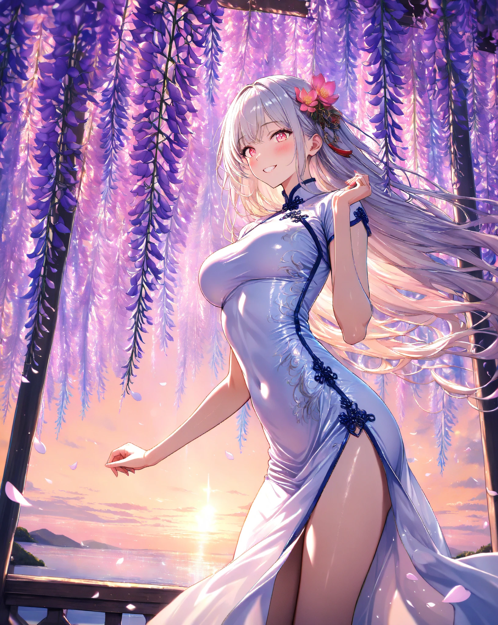 ((top quality)),(ultra high resolution),(Super detailed),(detailed description),((the most picturesque works of art),super precision art,amazing art of depiction,fantasy art:1.5, ((綺麗なおflower々:1.8)), (flowerに侵食された体:1.3),(glamorous body:1.3),fancy background effects、masterpiece、fancy details、(NSFW 1.1), ((1 female)), ((muste piece)), ((extremely detailed:1.3)), Beautiful woman entering the lake in crystal clear water, ((long pink hair)), wet hair, Wearing a light transparent dress, Bathing clothed, steam, (水に浮かぶバラのflowerびら:1.5), early morning light, ivory gold AI, windows, crepuscular lighting, see-through lace underwear、(very huge boobs)、pink nipples、pink areola，透けて見えるpink nipples、透けて見えるpink areola、Sheer panties with lace and strings、Sexy transparent lingerie with lace and strings,See-through sexy lingerie,Transparent sexy lingerie、translucent dress、pearl accessories、sexy harness、sexy garter belt、sexy stockings、Arranged,intimate, rose garden、colorful roses、lake with floating roses、Lying down、legs open、spread your legs、Open thighs、soak in water、wet body、ゴージャスなflowerの装飾、大きなflowerいっぱい、stylish hair、solo, water play, flowerいっぱいの髪飾り, flower々, Outdoors, sky porn,Transparent dress wet with water, sky porn, shines wet with water、(muste piece),(Highly detailed CG Unity 8K wallpaper),best quality,cinematic lighting,detailed background,beautiful detailed eyes,bright pupils, (very delicate and beautiful),(Beautiful and detailed eyes),((muste piece)),((red eyes))、flower園、temple