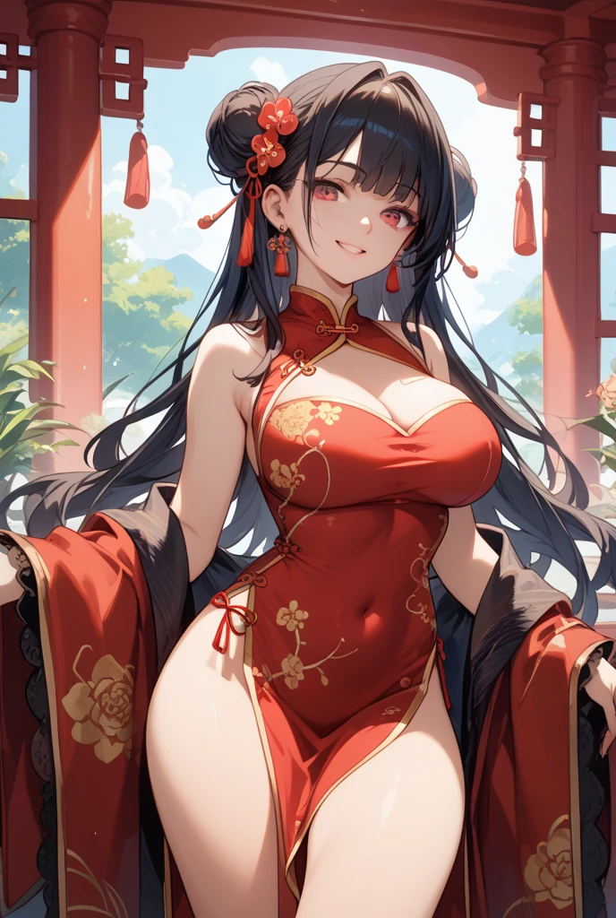 (highest quality:1.4)、High resolution、Detailed Background、(Beautiful face in every detail:1.4)、Anatomically correct、(Draw the usual number of fingers:1.2)、(Detailed facial expressions)、Realistic、beautiful, Smooth skin、 Beauty、(Huge breasts:1.3)、Perfect body line、attractive thick thighs、Black Hair、Show off your attractive underarms、Accentuate your breasts、Accentuate your cleavage、Elegant atmosphere、Well-groomed eyebrows、Well-groomed eyebrows balance the entire face、Excited、(Underboob:1.3)、Lace panties、No bra、Smiling、Blushing、sexual expression、cute、indoor、Cowboy Shot、(Two beautiful girls showed me their panties:1.5)、
A shiny Chinese dress that fits the body line、Design with slits and revealing chest、
Dark colors such as red and black、It would be best to wear high heels、Strap and ribbon design、Pearl and metal accessories、
An updo is recommended to accentuate the design of the Chinese dress.、
Add some simple hair pins or accessories to make it even more gorgeous.、
If you have long hair, a sexy wavy hairstyle is also a good choice.、
To enhance the sexiness of a Chinese dress, it is a good idea to wear red lipstick.、
A darker red colour will give you a more sexy look.、cute