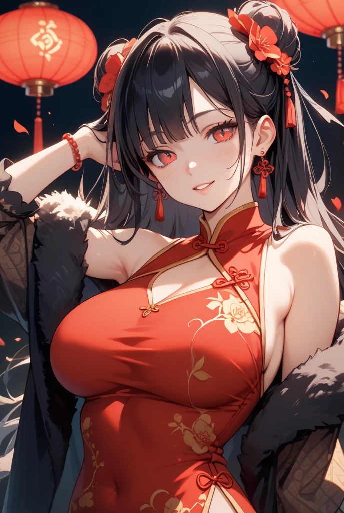 8K, top-quality, Real Image, intricate detailes, The ultra-detailed, 超A high resolution, Depth Field,(Photorealsitic,realisitic:1.2),masterpiece, 0.25 :: a closeup , straight-on shot , , 1girl in, , an extremely beautiful 17-year-old girl, sharp eye,Demon Horns , ,Straight bangs,A darK-haired,Black straight long hair,scarlet eyes, perfect glossy skin, flawless skin, fair white skin, breastsout, , narrow waists, thin blush, solo, looking at the viewers, Archaic Smile, The Perfect Five Fingers, large boob,,Glowing face,Christmas,Santa Clothes