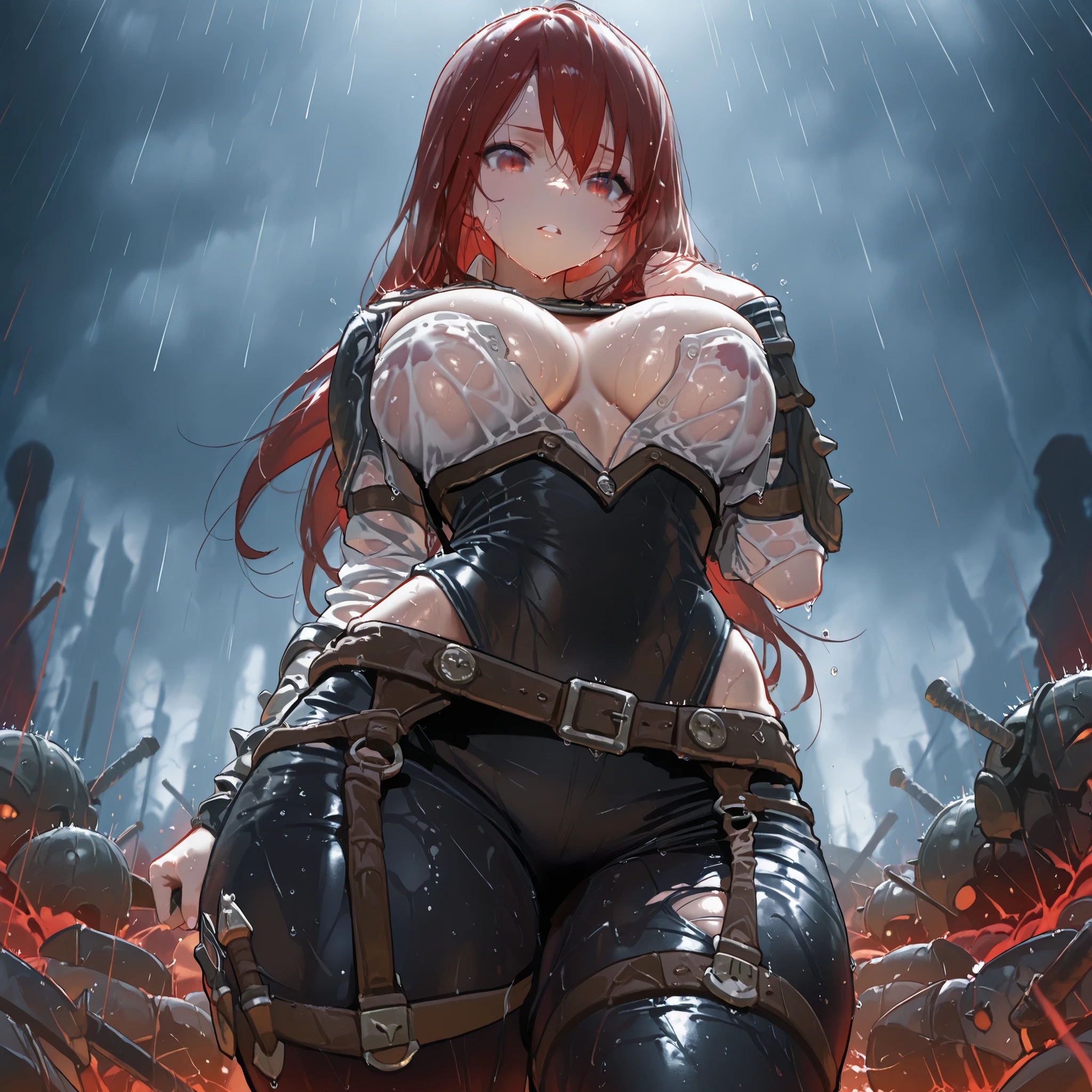big breasts, thick thighs, wide hip, gordo, she's wearing torn low-cut clothes, dynamic lighting, ambient occlusion, visual effects, she is on her back in a sexy pose in the rain, She is pulling clothes with one hand, Wet Clothes , she's on a battlefield with red hues