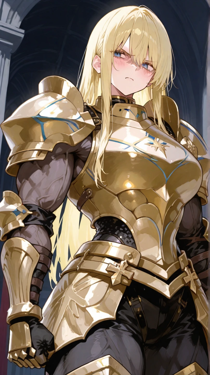 Blonde Queen Gold Tiara, armor,cleavage,,castle