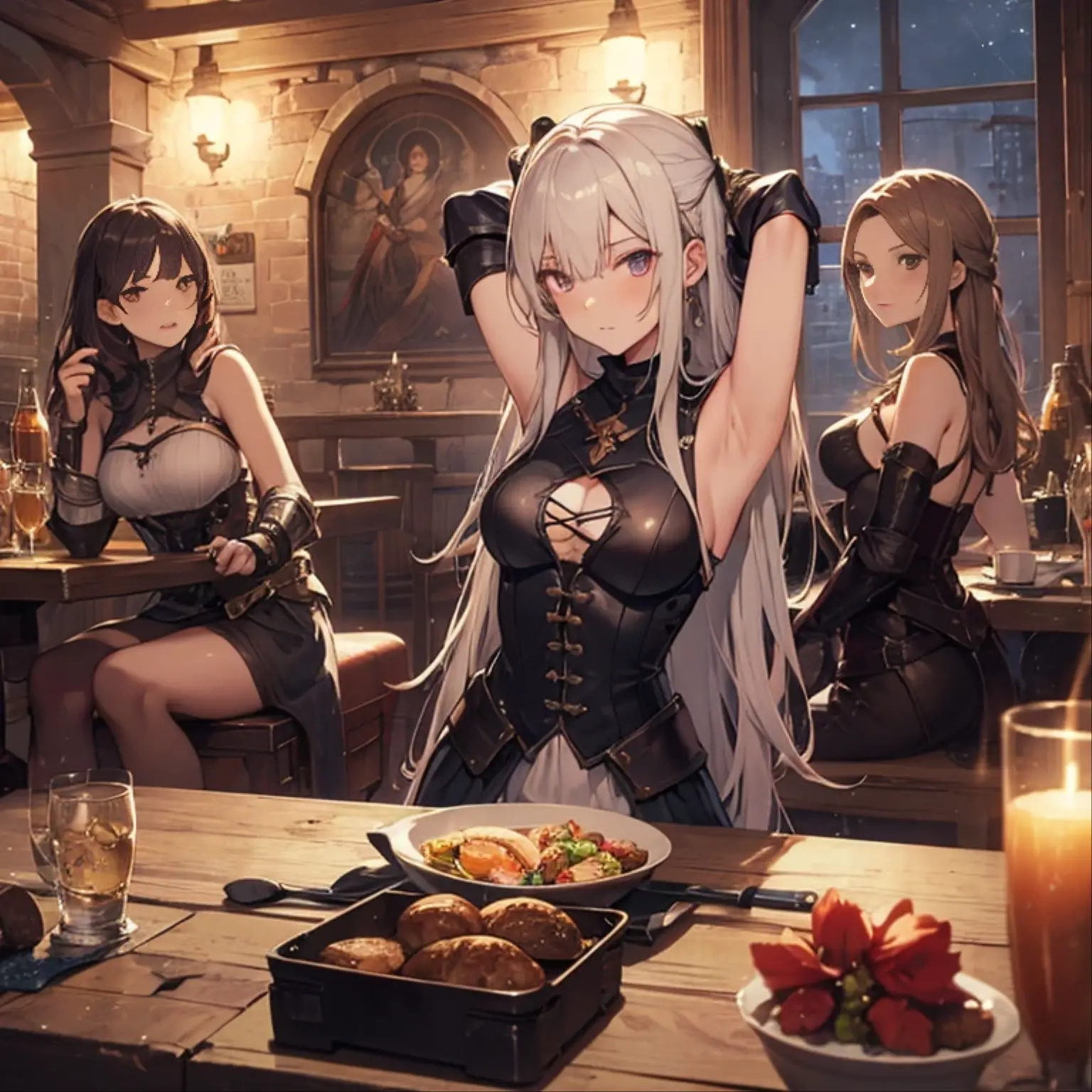 A group of  female medieval fantasy adventurers, (in tavern), various hair styles, harem, night, details face, seducing, sleeveless, armor 