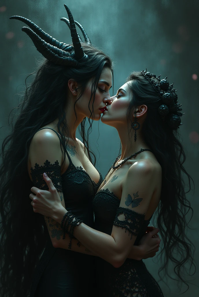 A beautiful naked dark skinned lady demon with bat wings passionately embraces and kisses a beautiful naked Asian lady angel with white wings in a disheveled robe on top of a mountain at night during a thunderstorm.