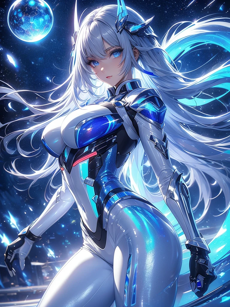 8K UHD、White-shiny white full-body rider suit with glasses silver hair and small-nosed beauty standing with legs open facing the front、Wearing a white metallic rider suit、Upper Body Up