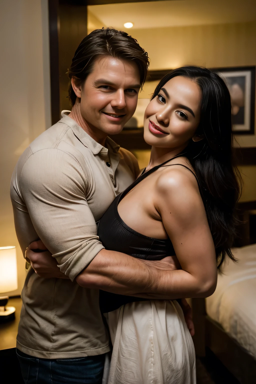 An old man(Tom Cruise) and a young woman(Meisita Wulandari), age difference, age difference, giant size, 40 year old man, long white beard, smiley face, hairy body, hugging, kissing, sexy young girl 18, long black hairstyle, face flushed with embarrassment, sexual position, kissing, a black-haired old man, a girl young girl, in bed, detailed face, realistic, realistic, big breasts