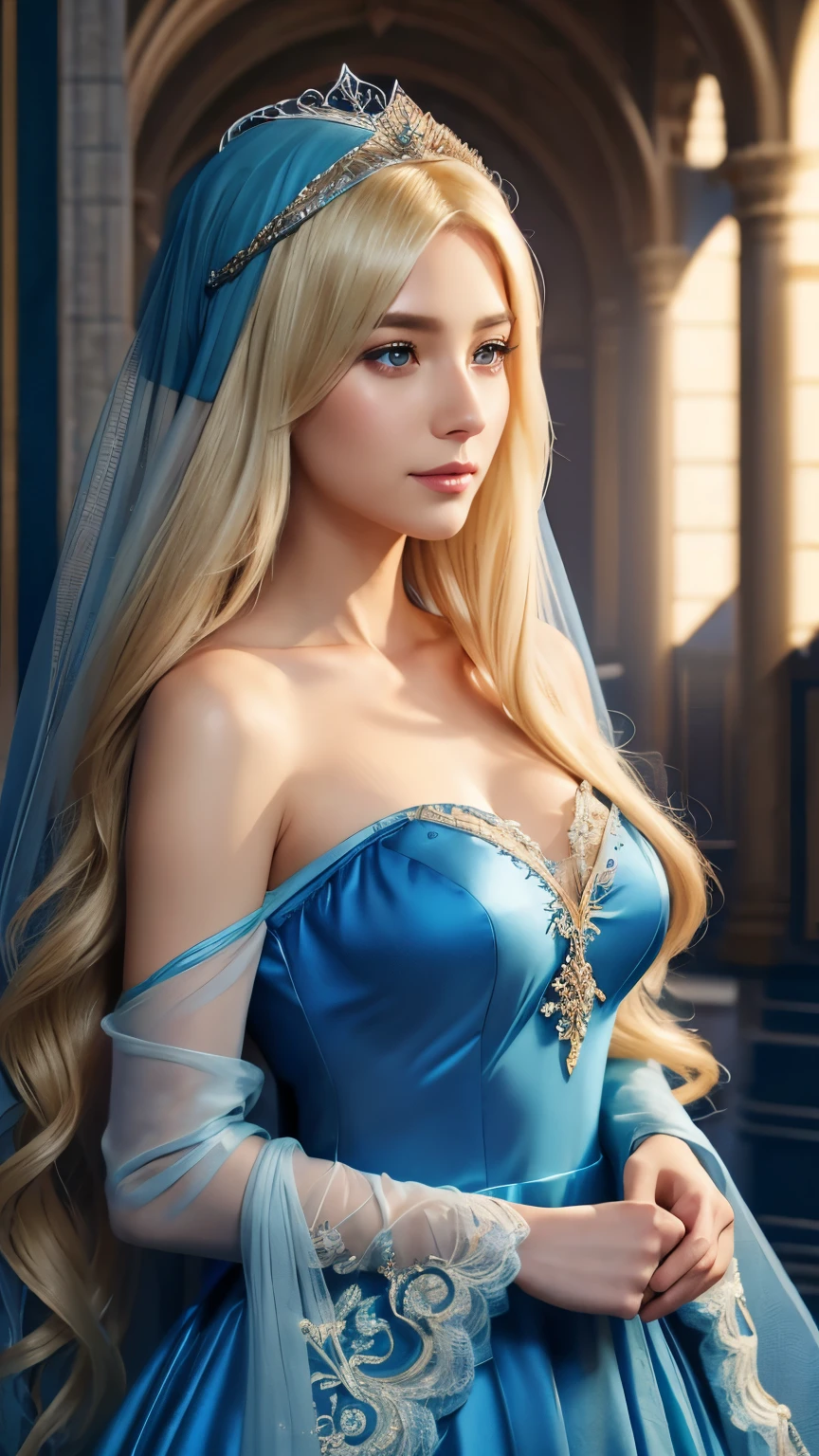 Wearing a blue dress、Blonde woman wearing veil and headscarf, Beautiful fantasy girl, Detailed fantasy art, Beautiful fantasy art, Blonde Princess, artgerm on artstation pixiv, Beautiful girl, ((beautiful fantasy queen)), 2. 5d cgi anime fantasy artwork, Fantasy art style, Detailed digital anime art, Fantasy style art