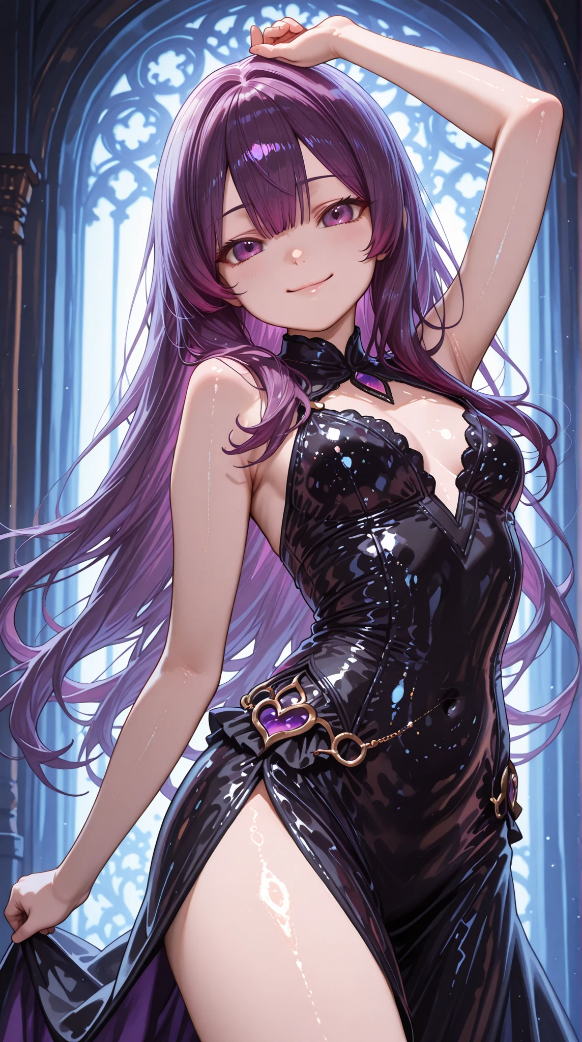 1girl,solo,cowboy shot,standing,(brown hair:1.2),long hair,ahoge,hairs between eyes,curly hair,(brown eyes:1.2),(beautiful fingers:1.2),(perfect anatomy:1.4),(arms_behind_back:1.6),(cold_shoulder:1.2),(purple leather lace glossy silk lamé leotard:1.4),(latex luster shiny glossy metallic:1.6),(shiny_clothes:1.6),small breasts,masterpiece,best quality,(Ultra high definition eyes:1.2),8k,(Beautiful detailed eyes:1.2),(Fine and beautiful eyes:1.2),(pretty eyes:1.2),finely detail,extremely CG, absurdres,high resolution,illustration,Detailed and beautiful outlines,finely detail,high resolution,(colorful refraction:1.4,Increase saturation:1.2),beautiful lighting,dynamic lighting,closed room,black background,simple background, smile,looking at viewer,yoshida yuuko \(machikado mazoku\),shamiko,(horns:1.2),(white Clear PVC sheets sleeves:1.4),(sheer sleeves:1.4),(see-through sleeves:1.4),(wide sleeves:1.2),(purple thigh boots:1.2)