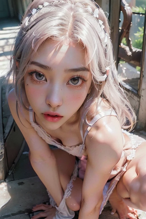 1 Girl, Beautiful, Baby Face, 20 Years, White Skin, Big Breasts, Medium Breasts, Pose, Cleavage, (Kebaya), Indonesian Kebaya, Brown Retina, White Eyes, Bokeh:1.1, Drilled Hair, Tied Hair, (( Gradient Colored Hair)), ((nude)), bedroom, studio lighting, stomach on bed, pigtails, lying in sexy poses, ((big ass)), ((chest tatooed 1.1)), ((yakuza tatoo))