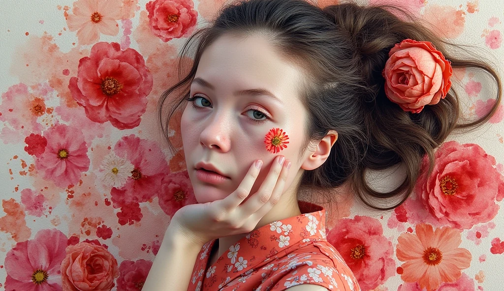woman, face, flower skin face, colorful, flower dress, amazingly beautiful, ultra HD Raw Photography, Canon EOS R5 8k photography,