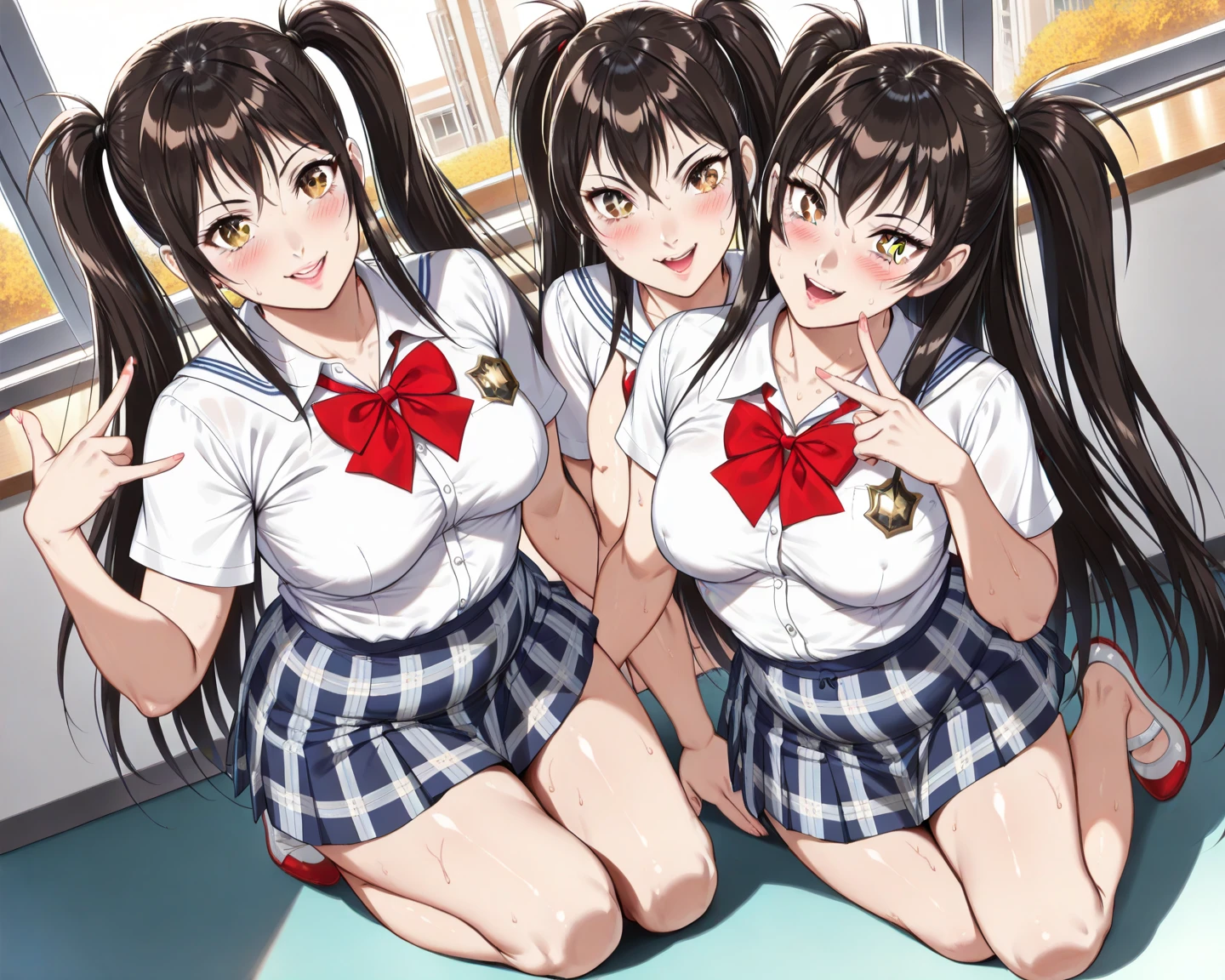 (highest quality:1.4)、ultra high resolution、detailed background、masterpiece、Photoreal、anatomically correct、detailed face、(Detailed beautiful face:1.3)、cute teenage girl、brown hair or cute hair color、braided bob、braided ponytail、braided hairstyles、(huge breasts:1.3)、realistic、perfect body line、Charm、
(sexy white sailor suit:1.2)、(light blue sailor color:1.2)、plaid pleated mini skirt、white knee high socks、Absolute area、emphasize the chest、emphasize cleavage、cowboy shot、panty shot、white panties、
(Three good friends lifting their skirts with happy expressions:1.5)、
on the way to school、Wait for the train at the station platform、A big smile、playful atmosphere、touch each other's bodies、cute gesture、cute
