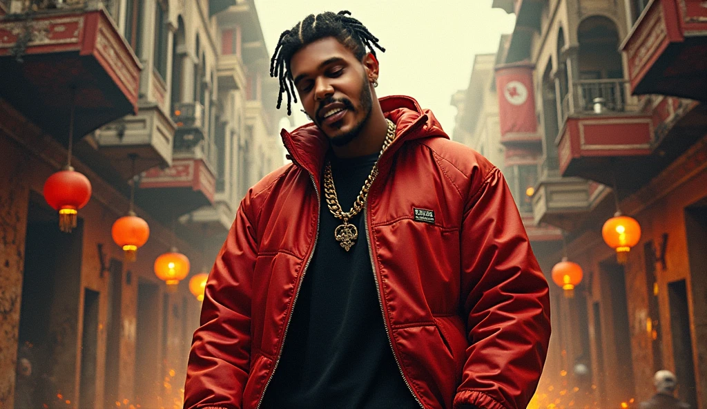 A stunning 3D rendering of a trap music artist, Showing off his modern style with a distinctive face tattoo, golden chain, and a wardrobe full of color. The artist&#39;s costume includes a bold, printed jacket with the word OLYMPO written on it, graphic tee, and colored pants. The urban, the energetic atmosphere is accentuated by the vibrant cityscape and graffiti-covered walls behind the artist. The man is smoking an electronic cigarette. The background also features a neon sign with the artist&#39;s name., further merging art and the urban environment., 3D rendering, cinematic, photoshot
