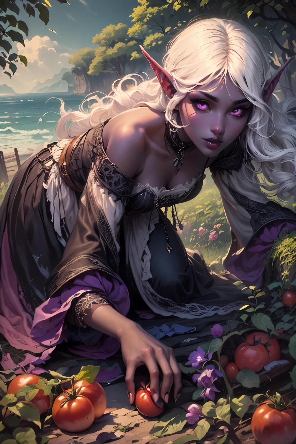 (Ultra-detailed face, Looking Away, Gothic Illustration, Dark Tone Colors.) , BREAK
(A medieval Italian orchard. A dark elf woman bends over and twists her body, reaching out her hand in a bold pose to carefully harvest the fruit of an Italian tomato. She has white hair, dark purple skin, wears a simple old-fashioned lace-up dress of young grass-colored linen, and sandals. The painting depicts the woman from a perspective looking down on her from above. A fresh sea breeze is blowing.) , BREAK
(The female dark elf has white hair and white eyebrows, crisp bangs, long wavy hair to her waist, small pink lips, lavender eyes, dark purple skin, and dark eyeliner.)