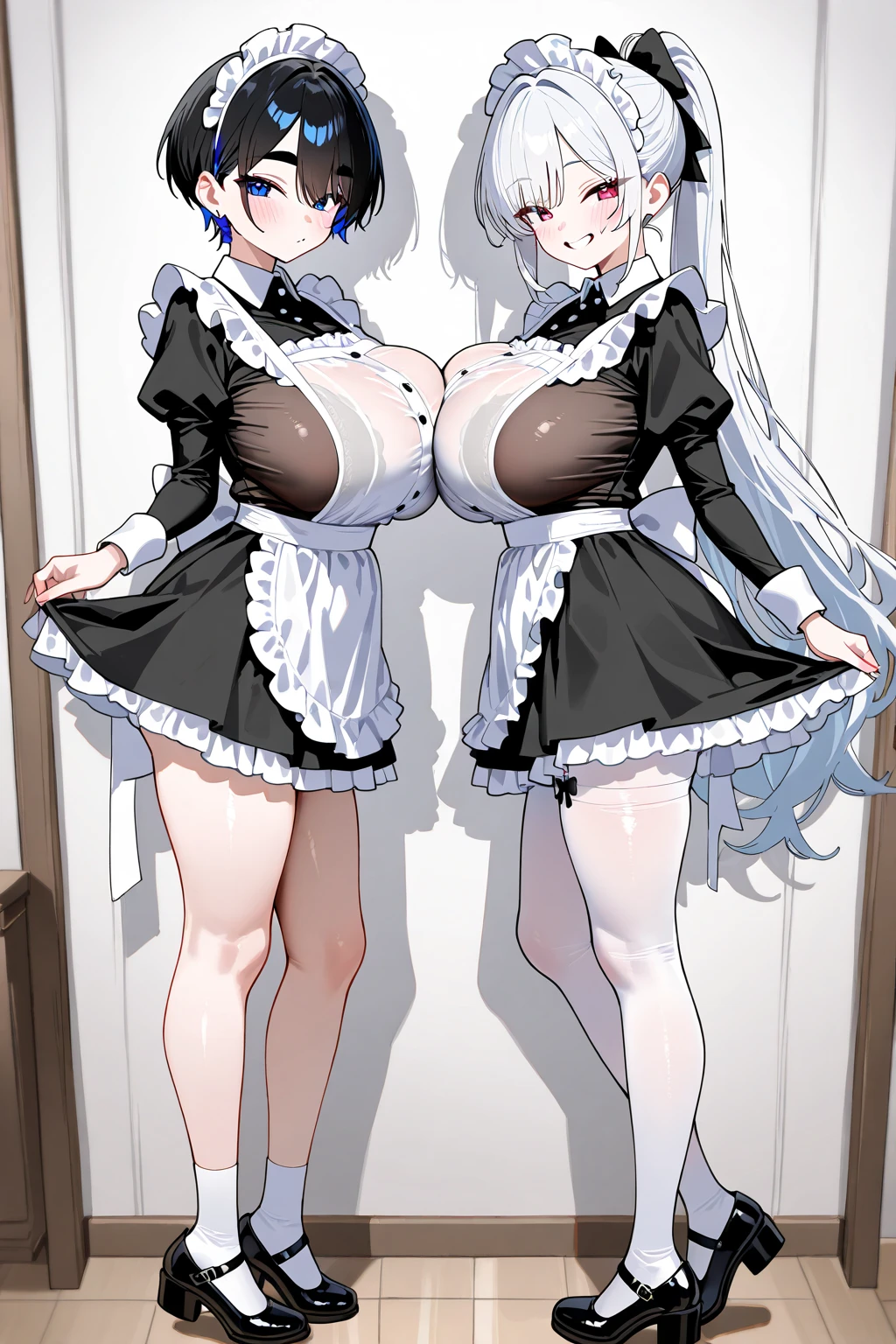 Tabletop Best image quality wonderful Attention to detail One Young Woman((19 years old))(Huge breasts:1.8) Anime Style White maid outfit(Sleeveless)(exposed pussy:1.6) , the mini skirt, Pure white gloves(Elbow Gloves) White Pantyhose(Plain) wolf ears short hair((Shortcuts)(Gray Hair)(Curly Hair)(fluffy)) smile(Happy) Eye color is blue background(kitchen)