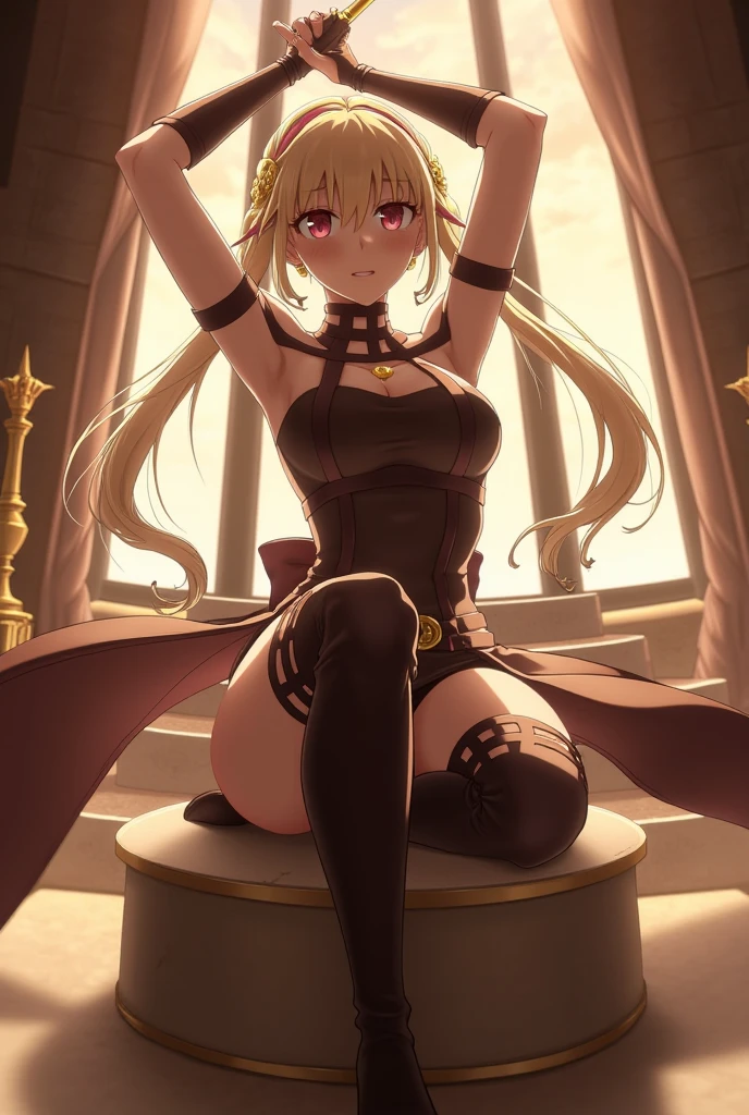 solo, A beautiful evil lady assassin , wearing a short skirt, gazing condescendingly at the viewer with a scornful grinning expression, ((heart marks are floating in the background, kiss, blow a kiss to the viewer)), (((opening your legs))), (not showing your skin), extremely detailed , masterpiece quality, ultra-detailed, HDR, vivid colors, physically-based rendering, thick muscular thighs, beautiful muscular thighs, attractive buttocks, High resolution, masterpiece, accurate, Anatomically correct, Winner of numerous awards, best quality, detail, high detail, high quality, quality, Retina, Very detailed, Textured skin, Ultra high definition, (((attacking the viewer))), blonde twintail,