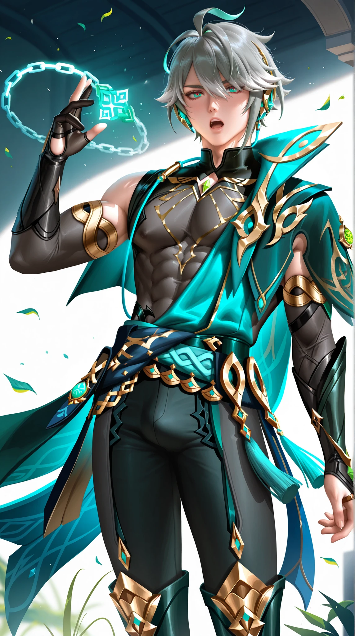 Mulher elfa de corpo esbelto, com a pele branca, cabelos de vinhas floridas e olhos rosas. Possui sardas em seu rosto e veste no torso uma armadura cinza com detalhes de plantas em tons verdes, gauntlets also gray with flowery patterns and a flower-shaped shoulder pad on the left side with a yellow gem in the center. Em suas pernas uma saia em tons vermelhos, protetores de cintura e grevas. At his waist he carries a long silver sword and on his back a mounted silver spear.. 