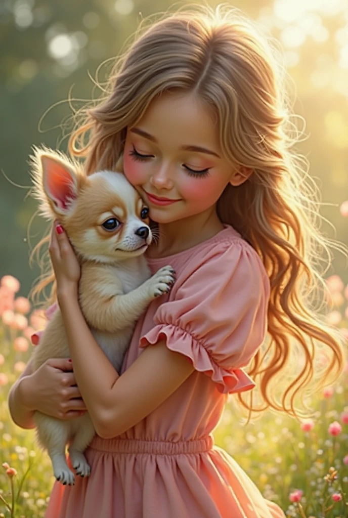 A  girl, beautiful a small puppy, bidding, Idyllic, magic scene, beautiful room , (Best Quality, 4k, 8k, High resolution, masterpiece:1.2), ultra detailed, (realist, photorealist, photo-realist:1.37), warm lighting, vibrant colors, soft focus, Fairy tale, dreamer, cozy, adorable, Beautiful, Capricious, fancy, charming, sereno, peaceful, innocent, comforting, Imaginative