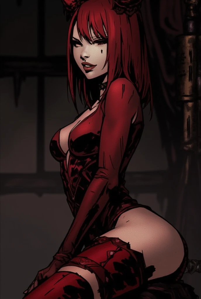 Mujer arafed con maquillaje negro y rojo y vampire's teeth., with fangs, vampire's teeth, Vampire girl, sharp vampire's teeth, vampire portrait, fangs, female vampire, androgynous vampire, vampire fangs, scary vampire, sharp and pointy vampire's teeth, vampire woman, fangs extended, fangs and drool, Describe a scene where a female vampire from the Tremere clan, with aristocratic features and mesmerizing eyes, is to seduce someone in a dark and mysterious environment. She is dressed in elegant clothes and displays an aura of power and mystery.... Your gaze is penetrating and seductive, as she uses her manipulation skills to lure the victim closer, involving her in a dangerous game of desire and fascination. The atmosphere around you is charged with tension and excitement., with shadows dancing around, further enhancing the atmosphere of seduction and mystery, wearing red lingerie, nsfw, high heel boots