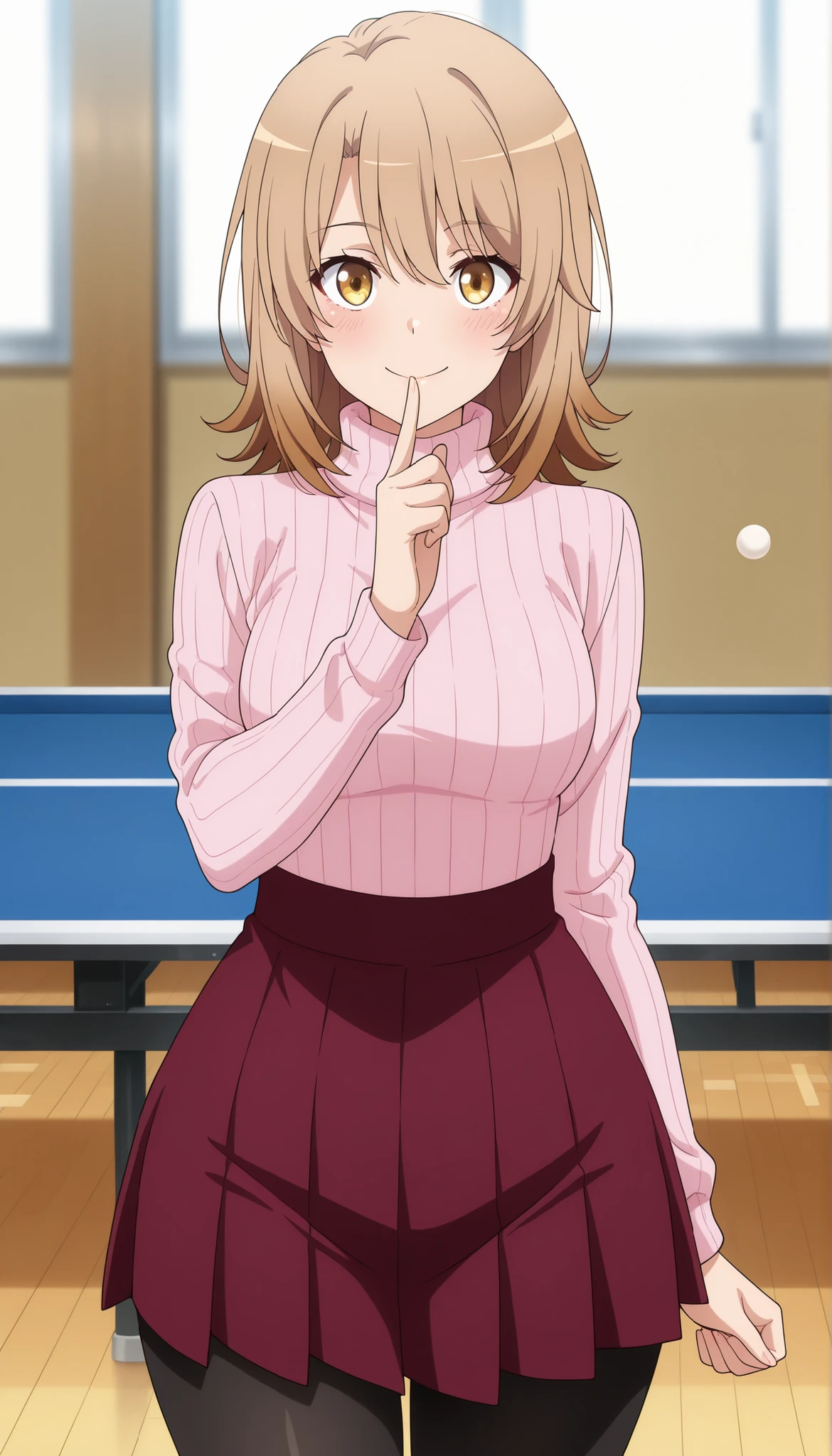 anime screencap, masterpiece, best quality,

1girl, solo, closed mouth, smile, blush, t, open eyes , shinny eyes 
medium hair, multicolored hair, light brown hair, brown hair, yellow eyes, hair between eyes, wide hips , closed legs 
turtleneck sweater, ribbed sweater, pink sweater, long sleeves, high-waist skirt, pleated skirt, red skirt, black pantyhose,
finger to mouth,
cowboy shot, standing, looking at viewer,
indoors, table tennis, blurry background