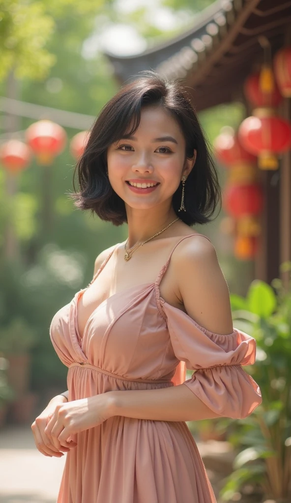 (8k, best quality, masterpiece:1.2), (red_kebaya_bali), (realistic, photo-realistic:1.37), ultra-detailed, 1 girl, cute, solo, beautiful detailed sky, detailed cafe, night, sitting, dating, (nose blush), (smile:1.15), (closed mouth) small breasts, beautiful detailed eyes, (collared shirt:1.1), night, wet, business attire, rain, white lace, (short hair:1.2), floating hair NovaFrogStyle,
