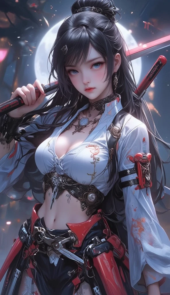 geisha, wear black and gold cross kimono, black hair, bright white moon, dark skin complexion, 4k, almond eyes, big lip, logo, heart shape face, face fuller, sexy hair, red and white cherry blossom on hair, black eyeballs, dark red lipstick, female samurai warrior, swords, face shots, head shots, freckles on the face, up close head face shots, full hair, brown skin tanned, holding sword